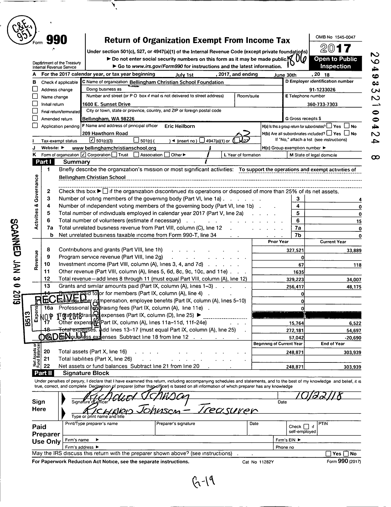 Image of first page of 2017 Form 990 for Bellingham Christian School Foundation