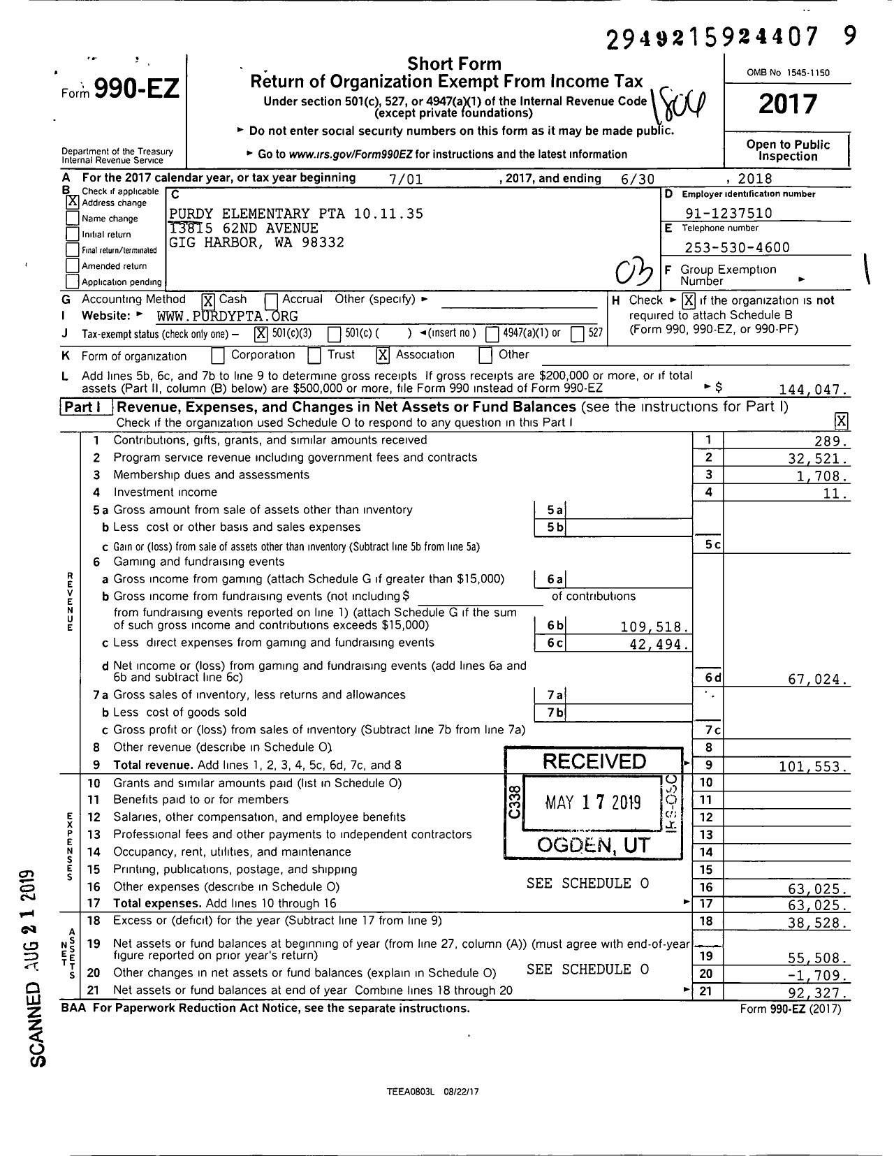 Image of first page of 2017 Form 990EZ for Purdy Elementary PTA 101135