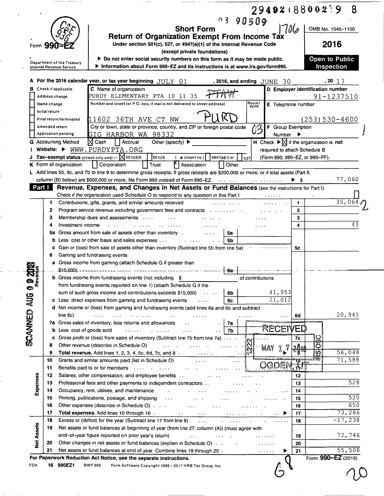 Image of first page of 2016 Form 990EZ for Purdy Elementary PTA 101135