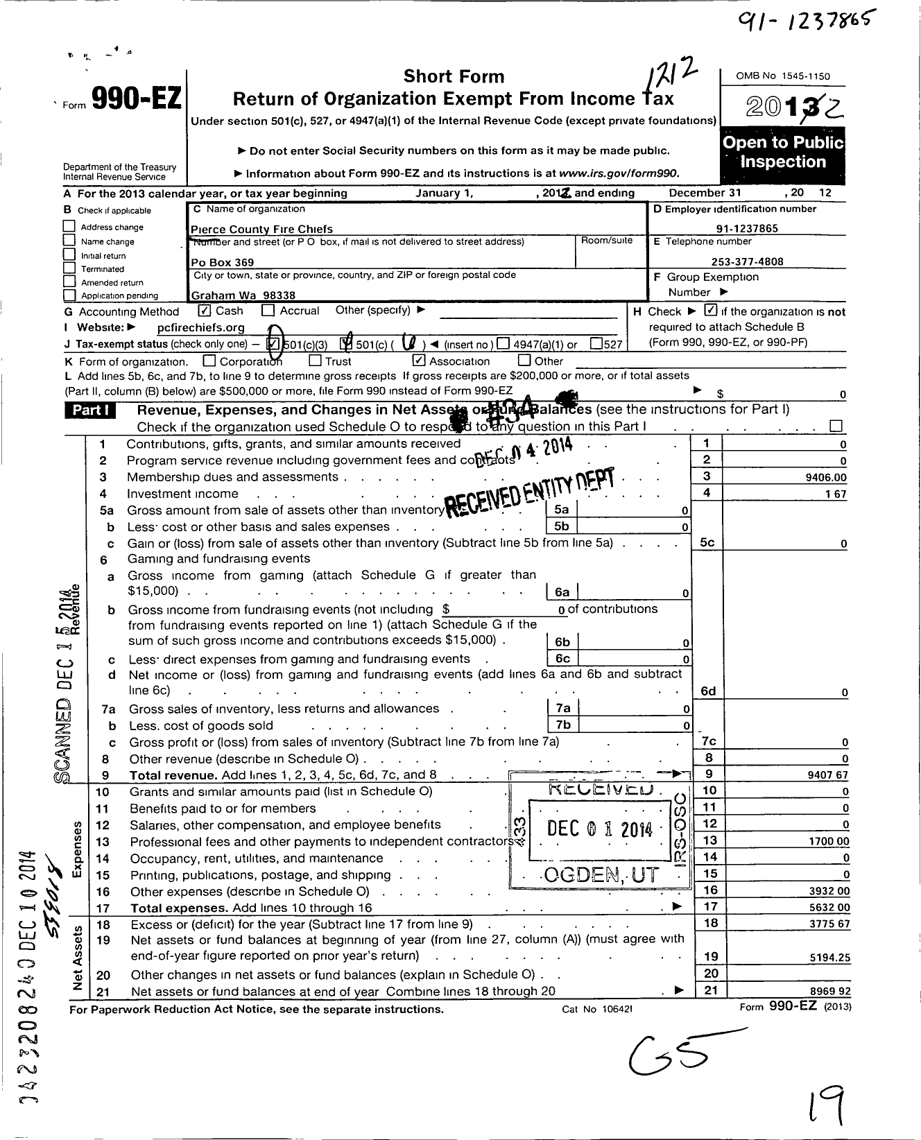 Image of first page of 2012 Form 990EO for Pierce County Fire Chiefs Association