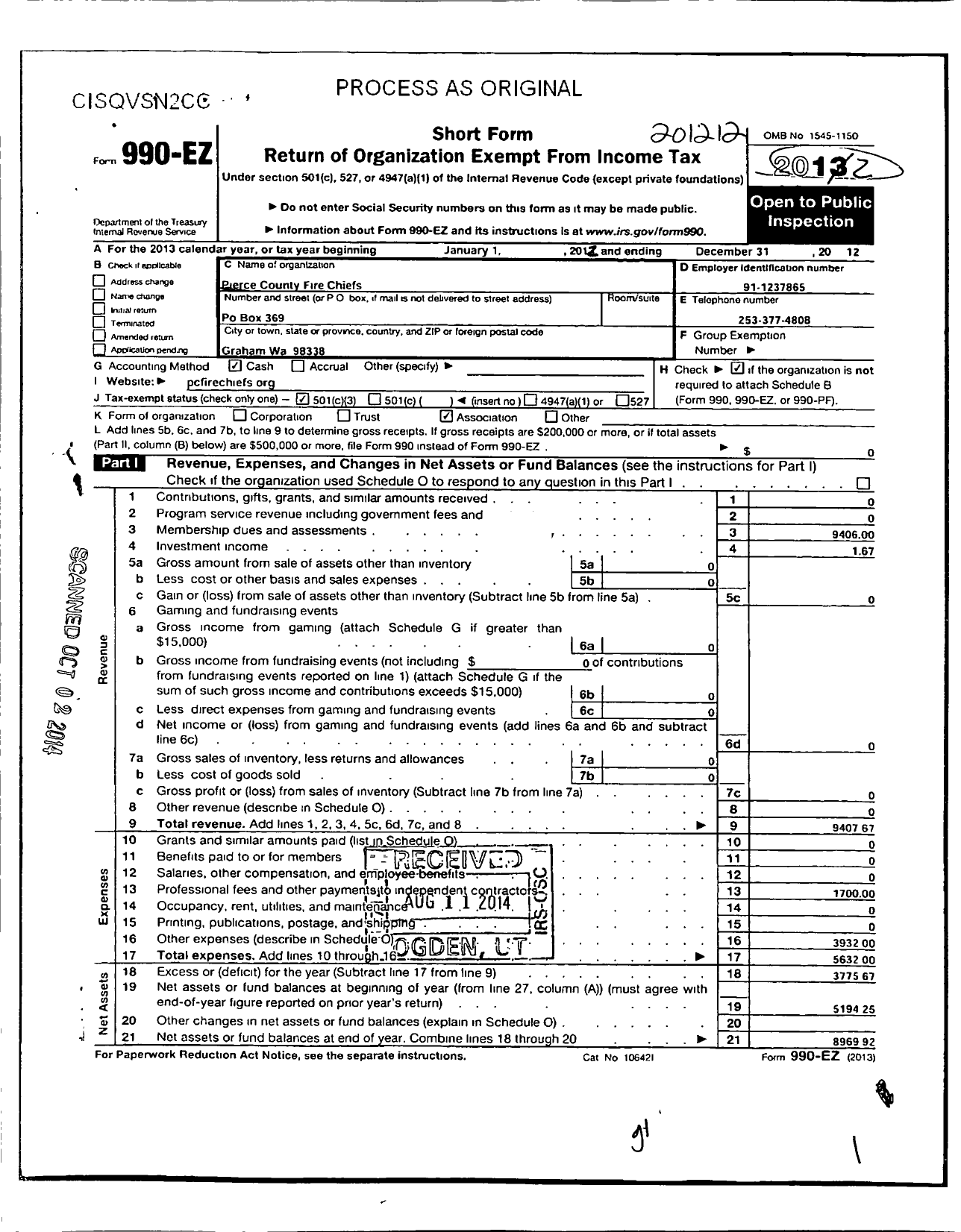 Image of first page of 2012 Form 990EZ for Pierce County Fire Chiefs Association