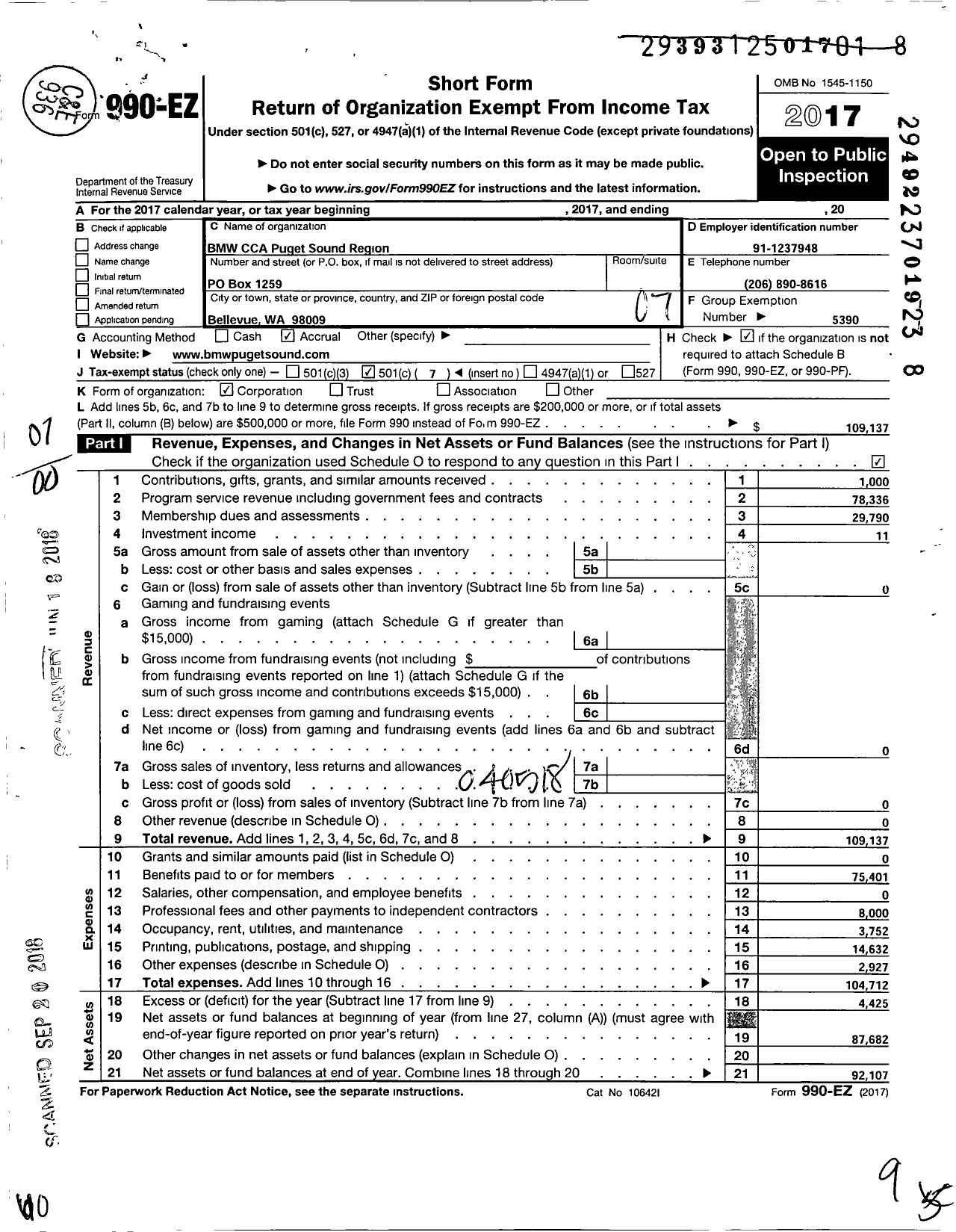 Image of first page of 2017 Form 990EO for BMW CCA Puget Sound Region