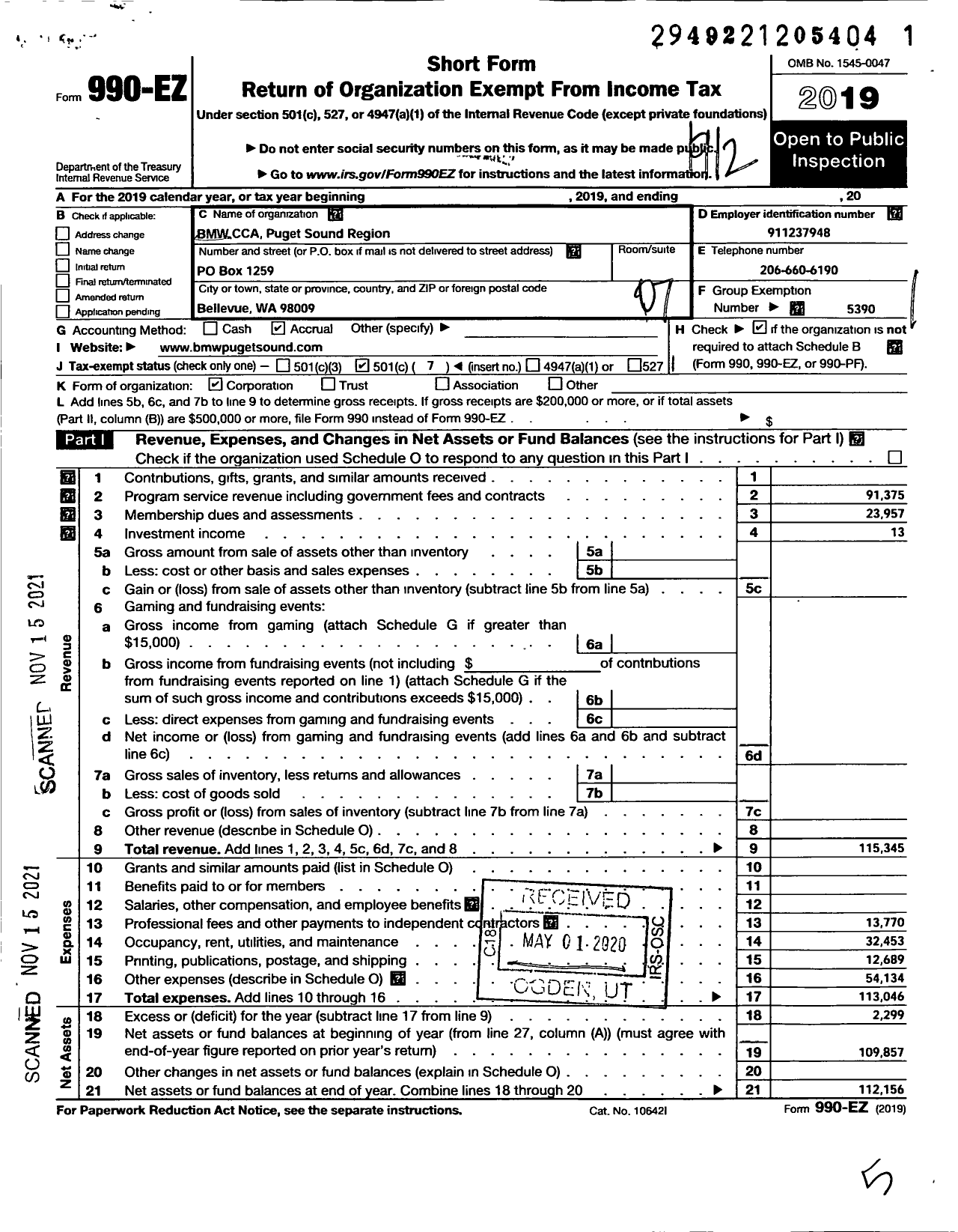 Image of first page of 2019 Form 990EO for BMW CCA Puget Sound Region