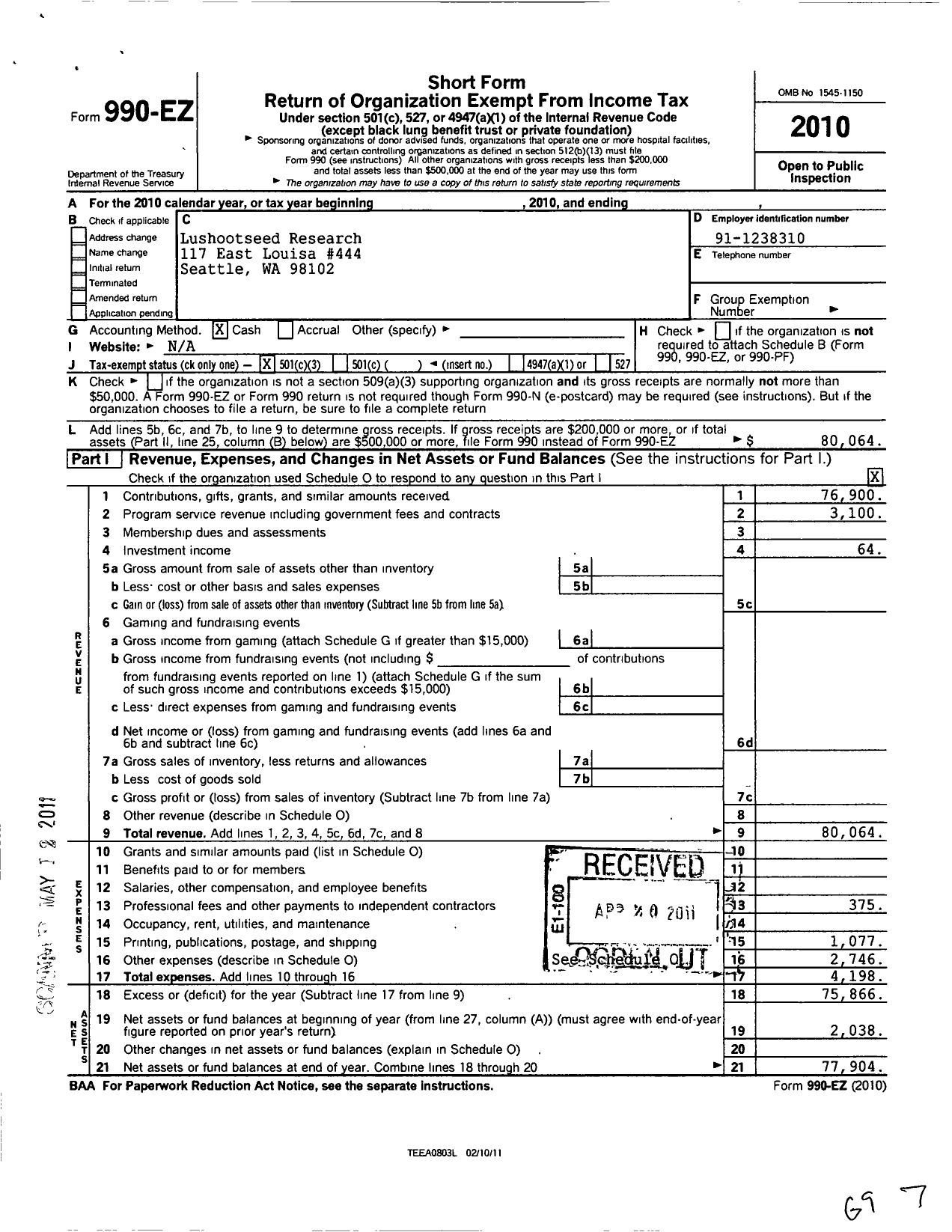 Image of first page of 2010 Form 990EZ for Lushootseed Research