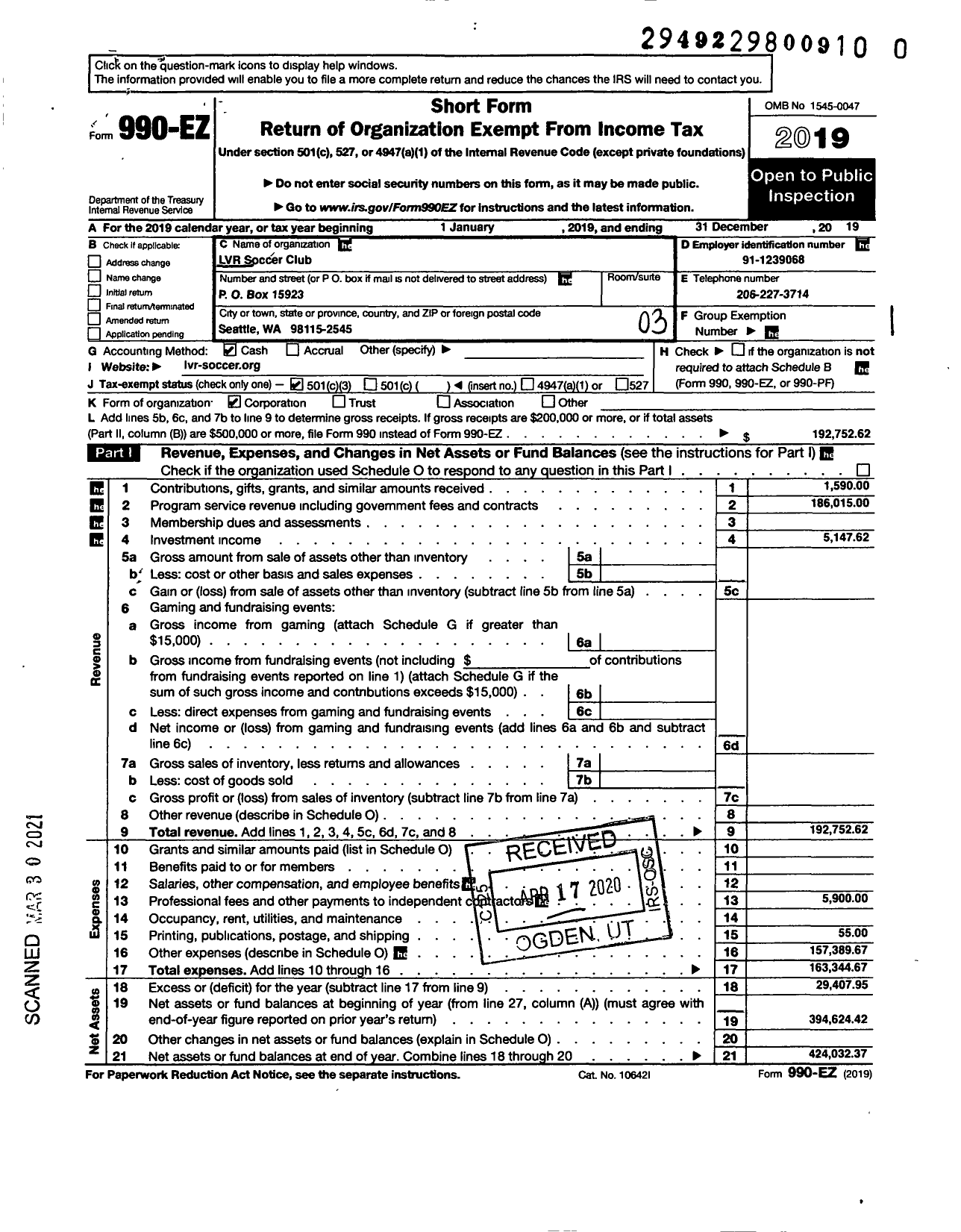 Image of first page of 2019 Form 990EZ for LVR Soccer Club