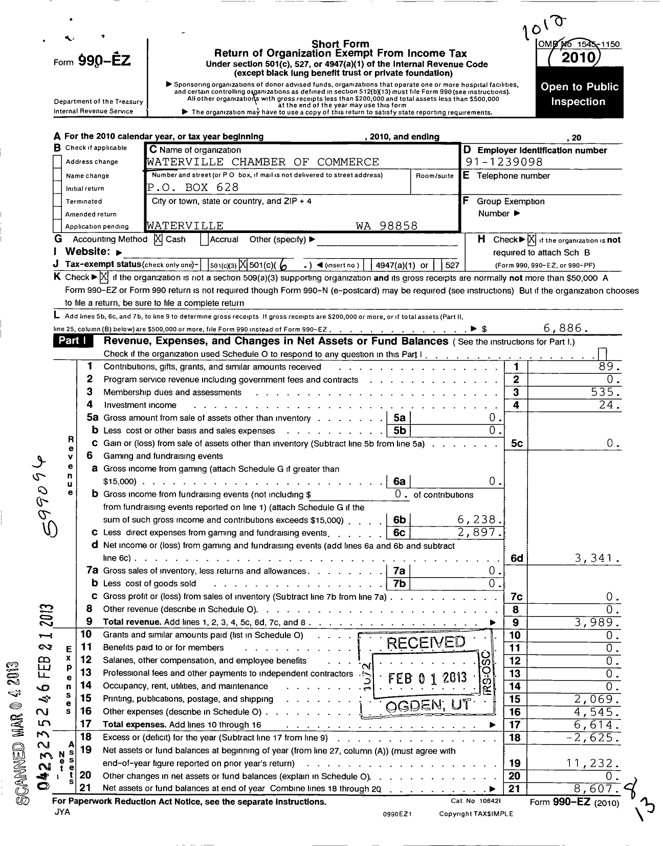 Image of first page of 2010 Form 990EO for Waterville Chamber of Commerce