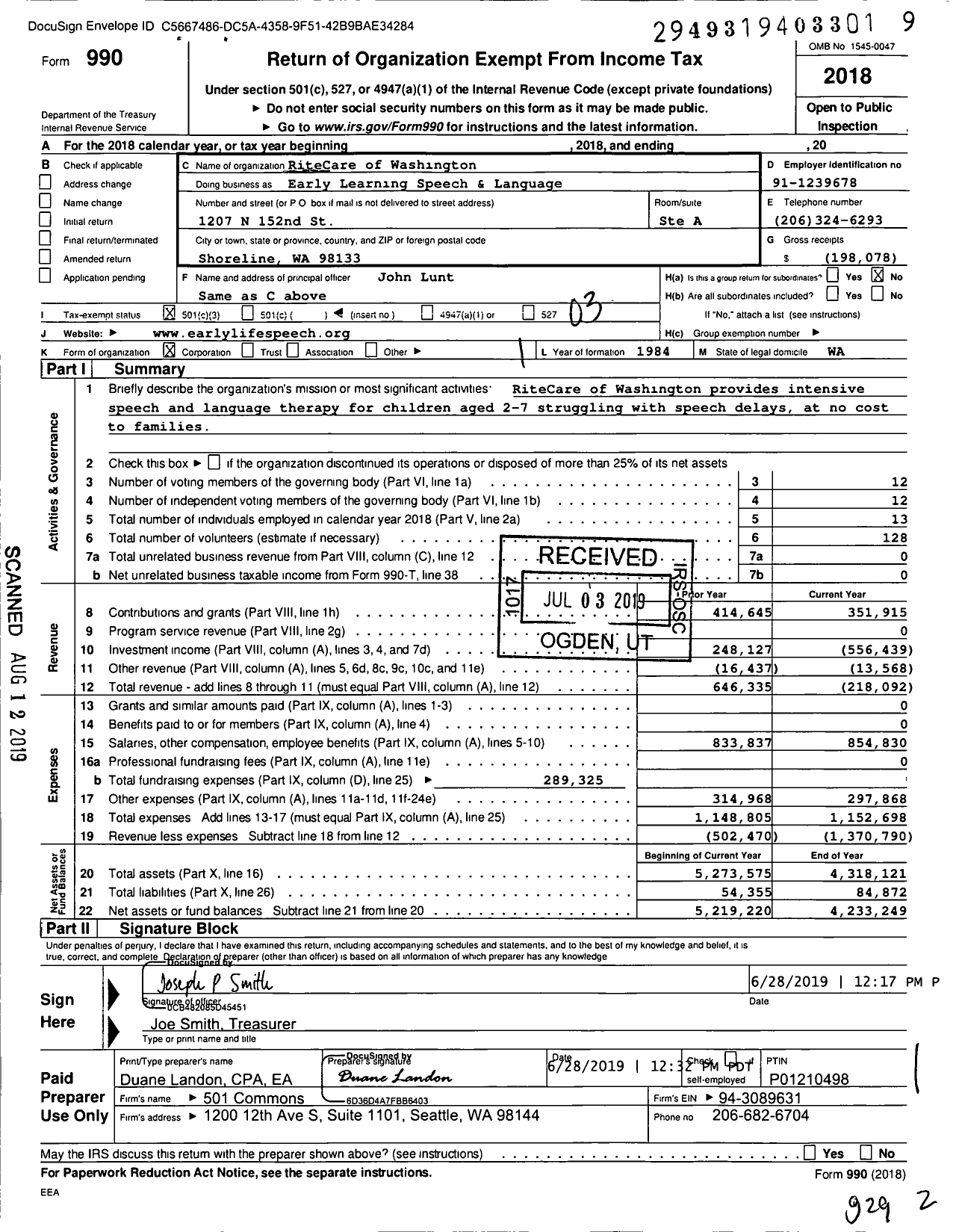 Image of first page of 2018 Form 990 for Early Life Speech and Language