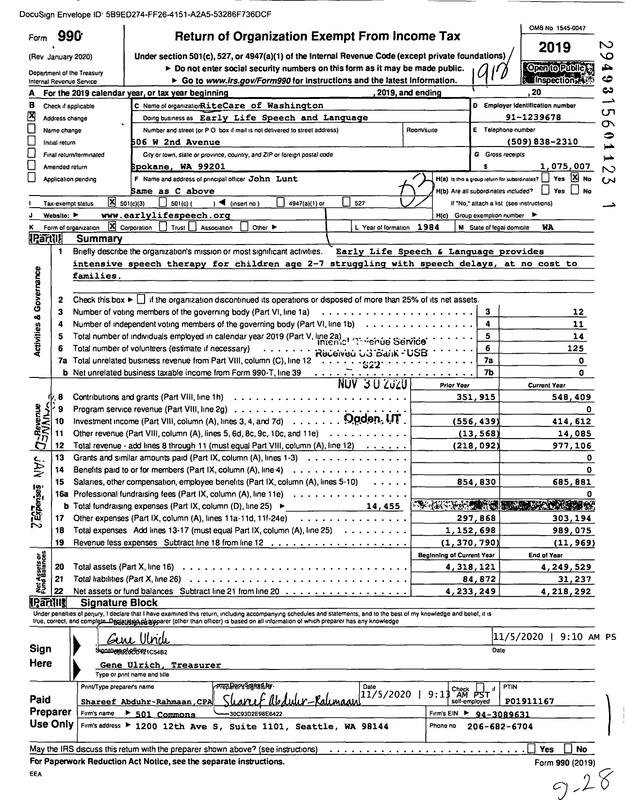 Image of first page of 2019 Form 990 for Early Life Speech and Language