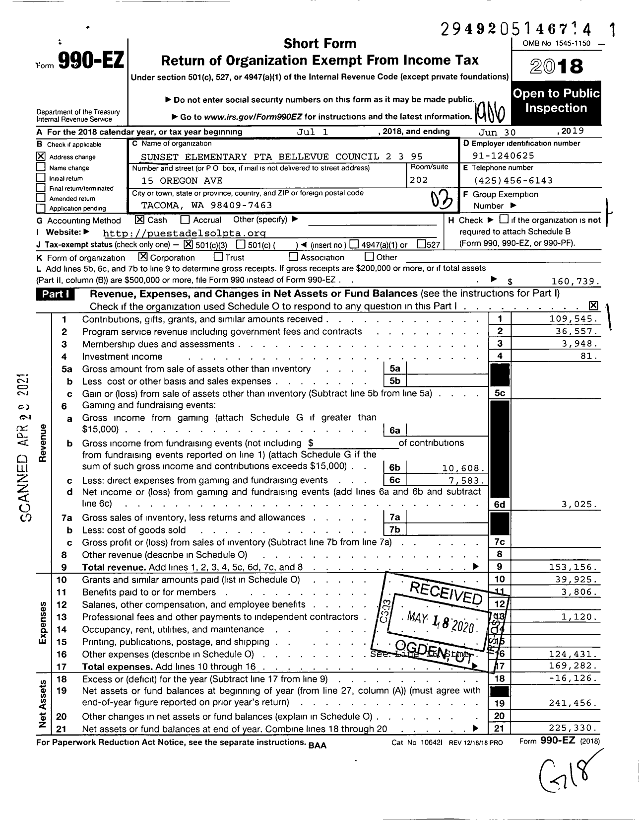 Image of first page of 2018 Form 990EZ for Sunset Elementary PTA Bellevue Council 2 3 95