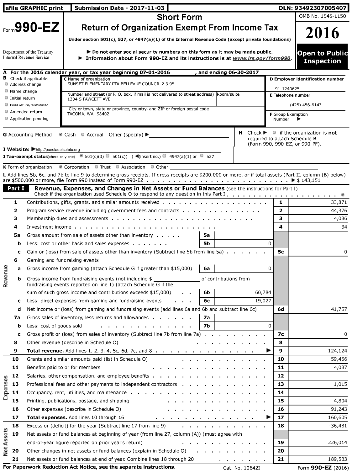 Image of first page of 2016 Form 990EZ for Sunset Elementary PTA Bellevue Council 2 3 95