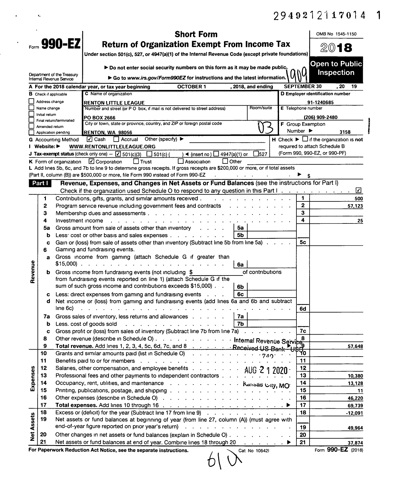 Image of first page of 2018 Form 990EZ for Little League Baseball - 4471005 Renton LL