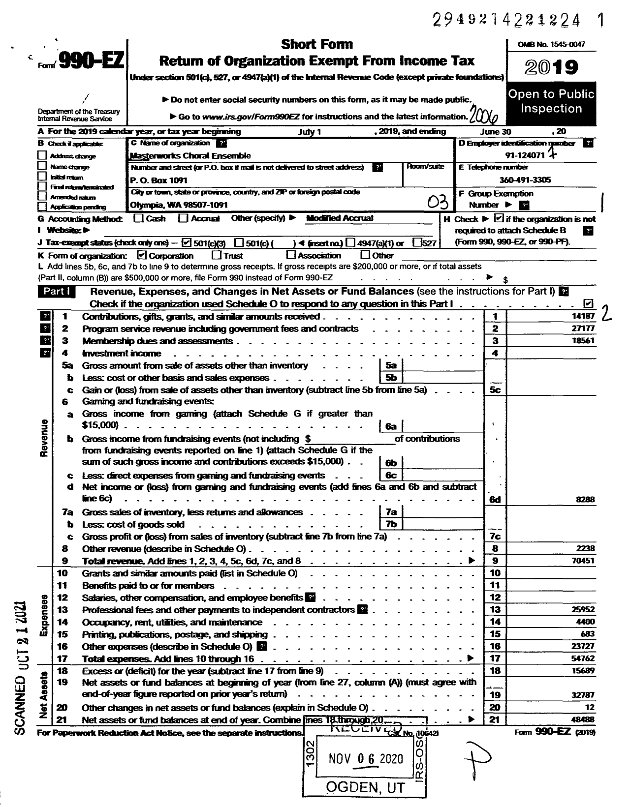 Image of first page of 2019 Form 990EZ for Masterworks Choral Ensemble