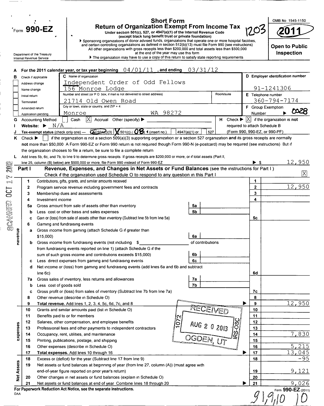 Image of first page of 2011 Form 990EO for Independent Order of Odd Fellows - 156 Monroe Lodge