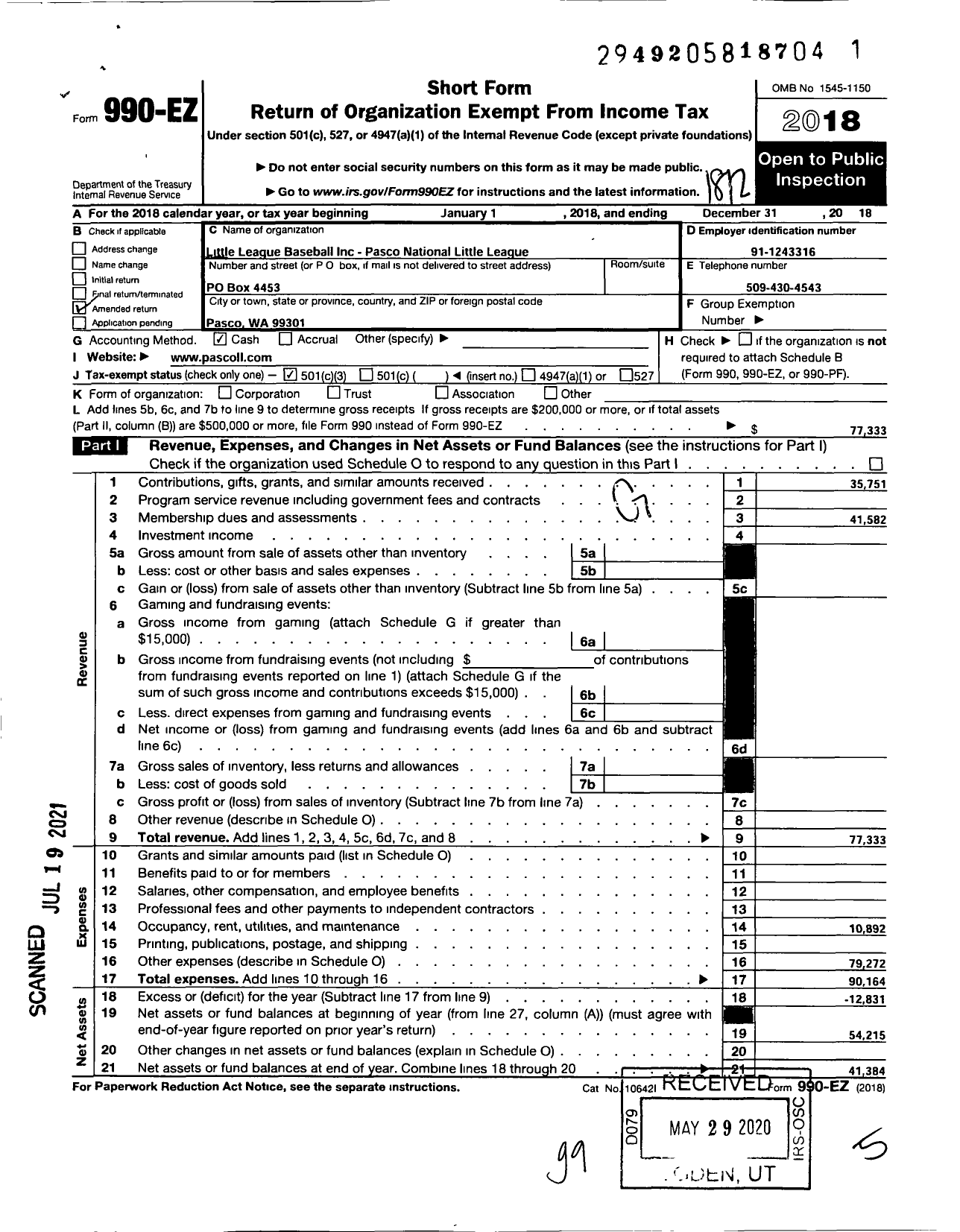 Image of first page of 2018 Form 990EZ for Little League Baseball - 4470512 Pasco National LL