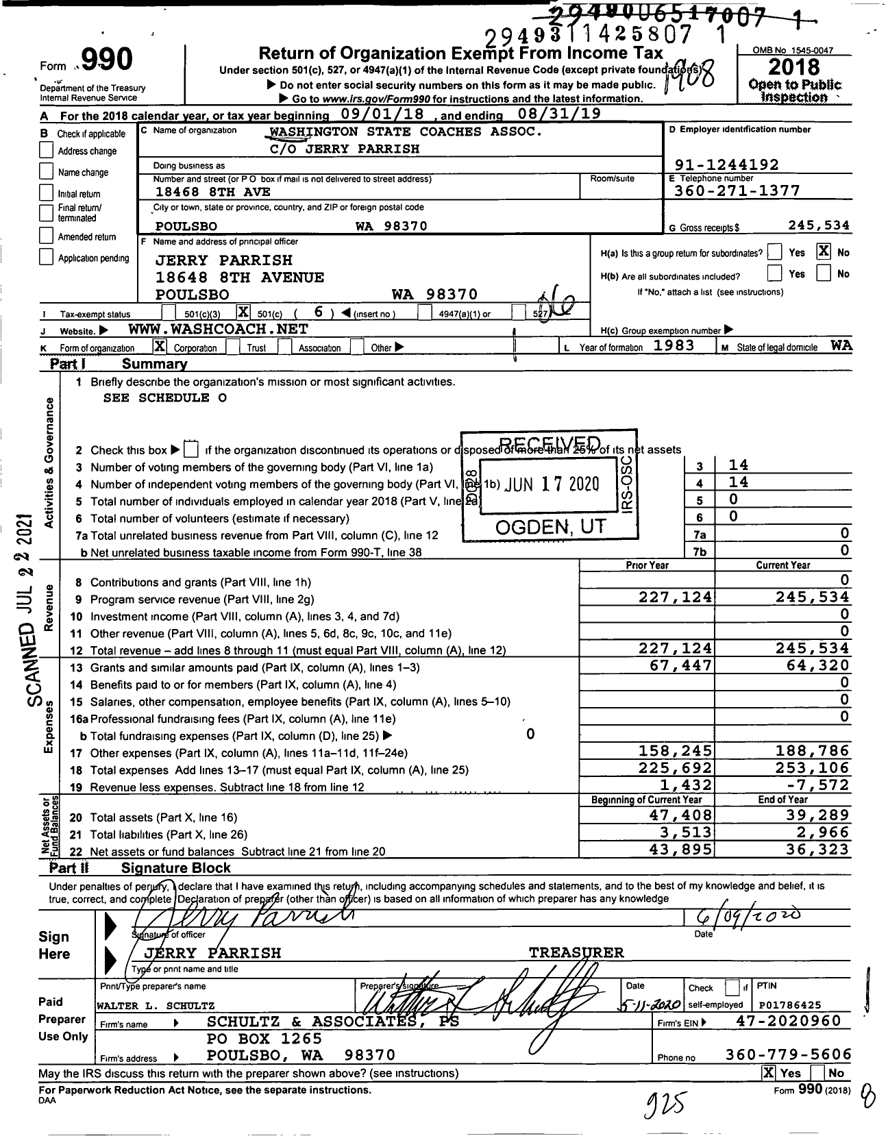 Image of first page of 2018 Form 990O for Washington State Coaches Association