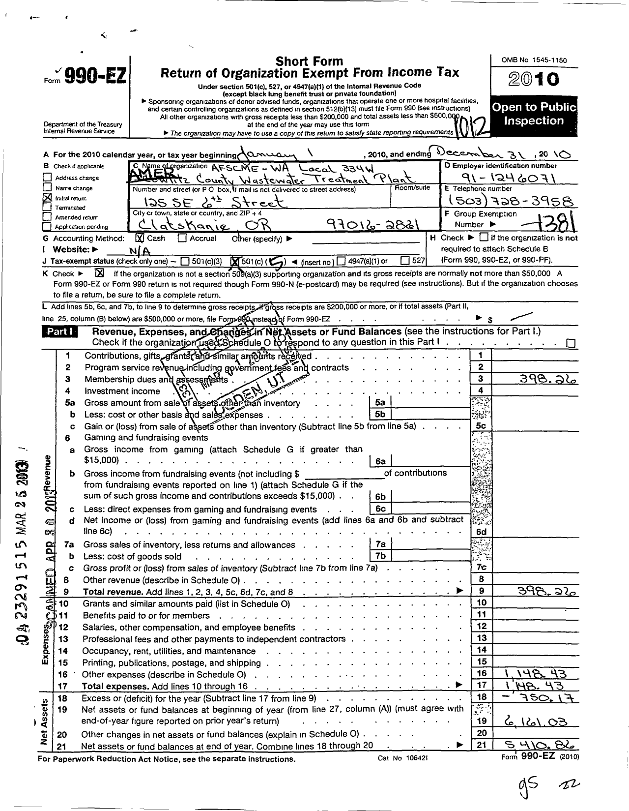 Image of first page of 2010 Form 990EO for American Federation of State County Municipal Employees