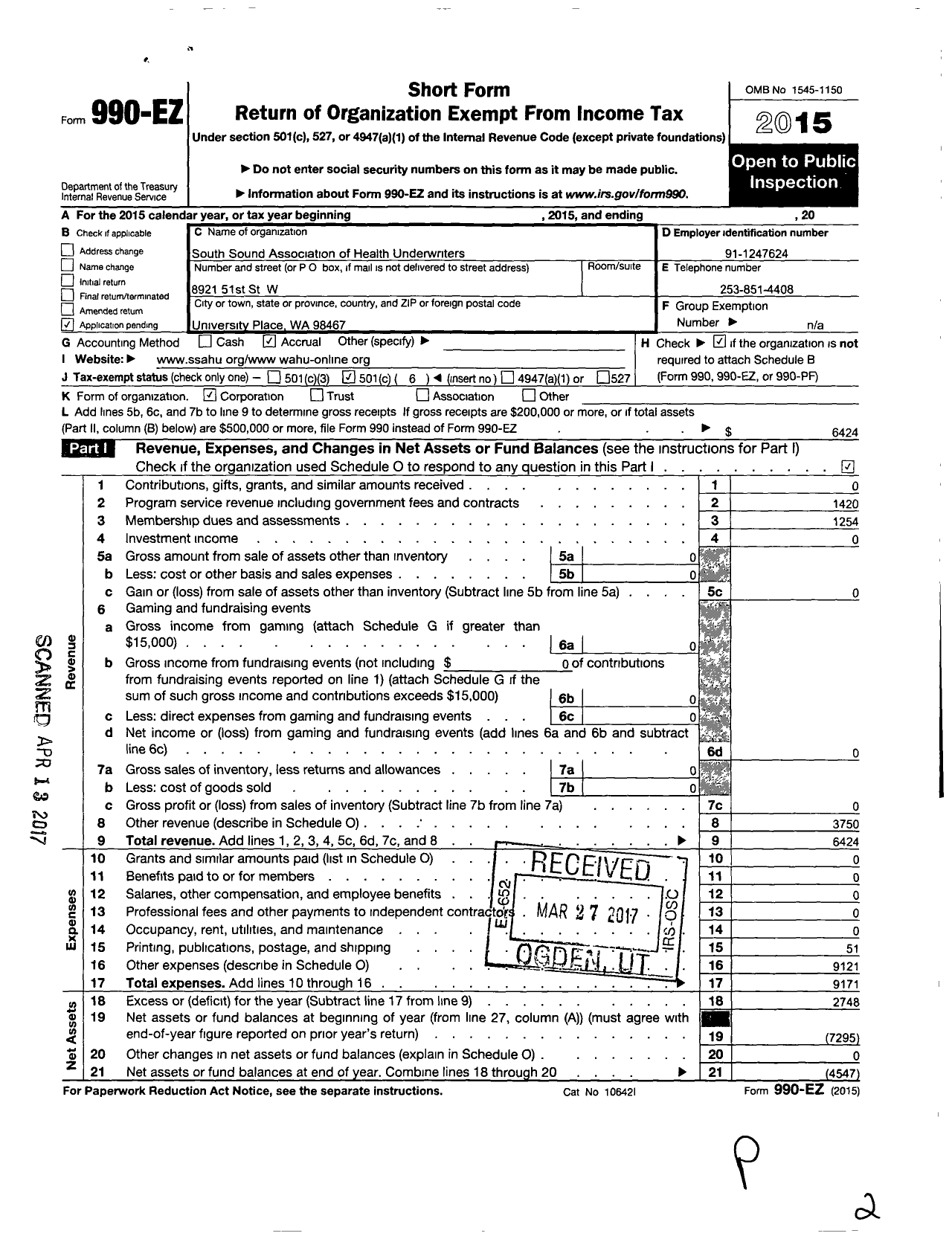 Image of first page of 2015 Form 990EO for Southwest Washington Association of Health Underwriters