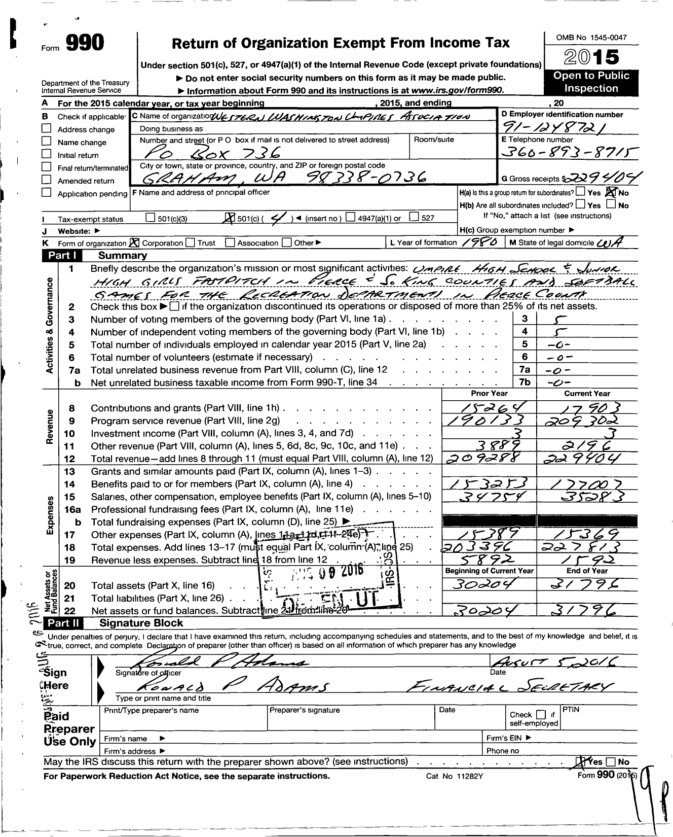 Image of first page of 2015 Form 990O for Western Washington Umpires Association