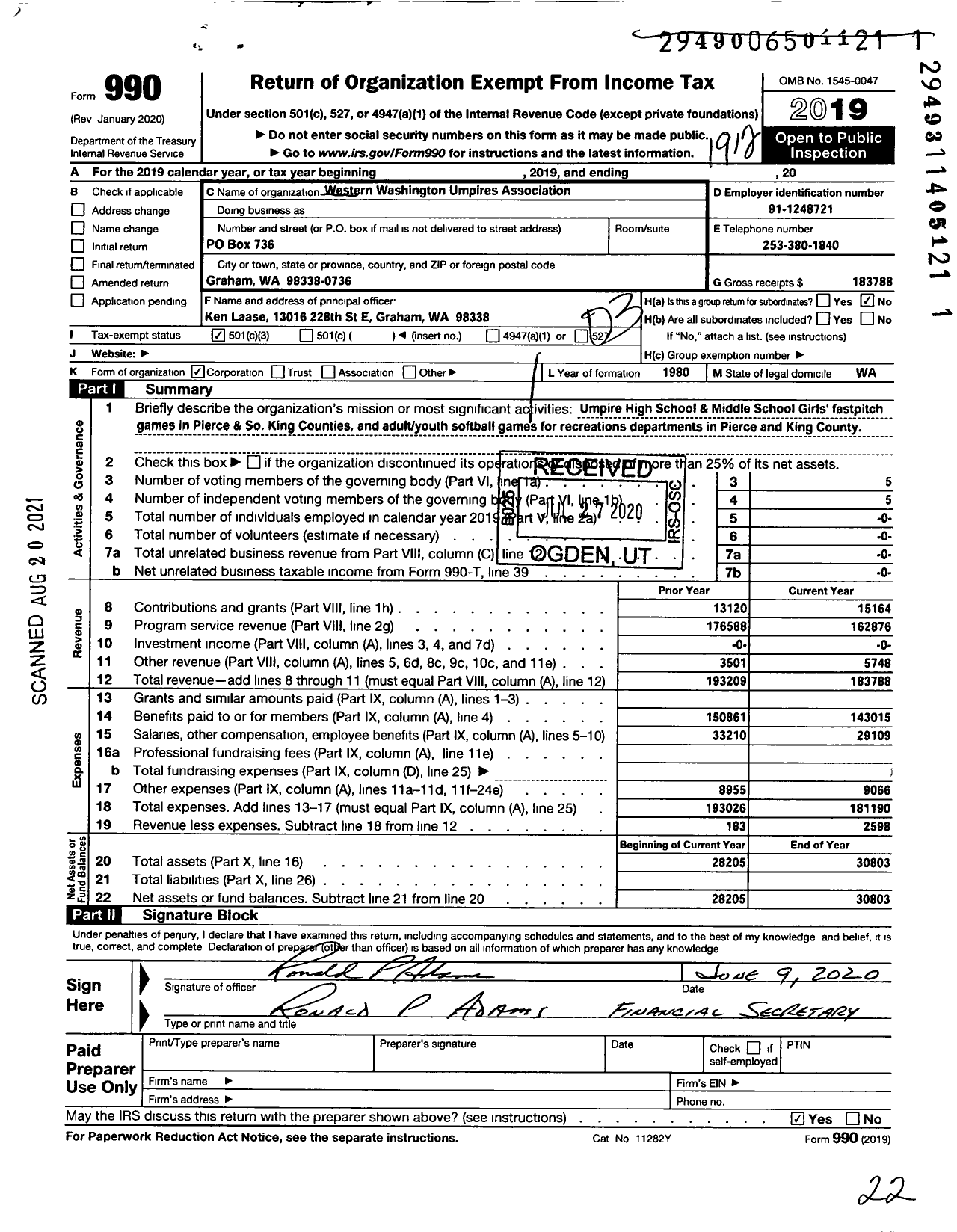 Image of first page of 2019 Form 990 for Western Washington Umpires Association