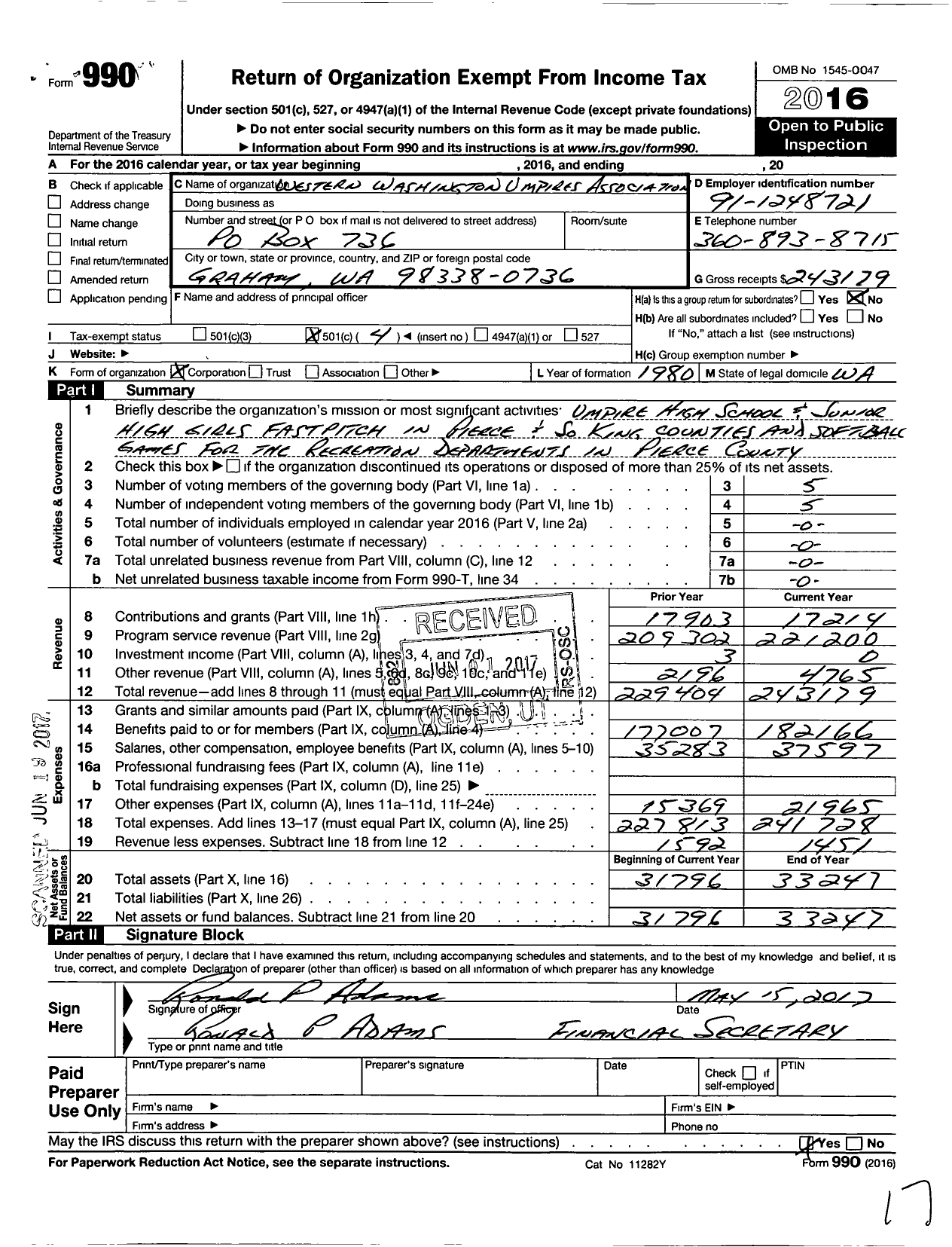 Image of first page of 2016 Form 990O for Western Washington Umpires Association