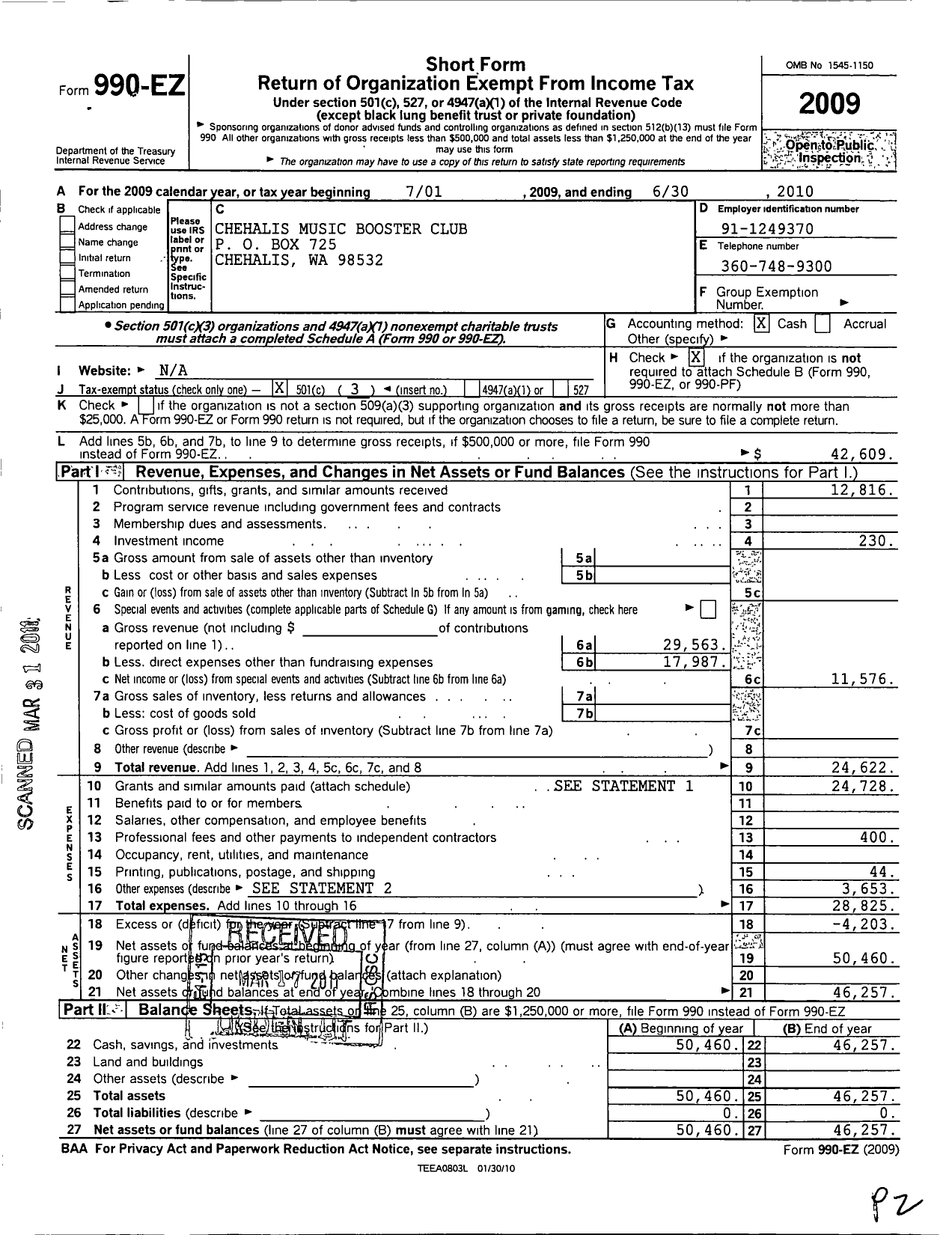 Image of first page of 2009 Form 990EZ for Chehalis Music Booster Club