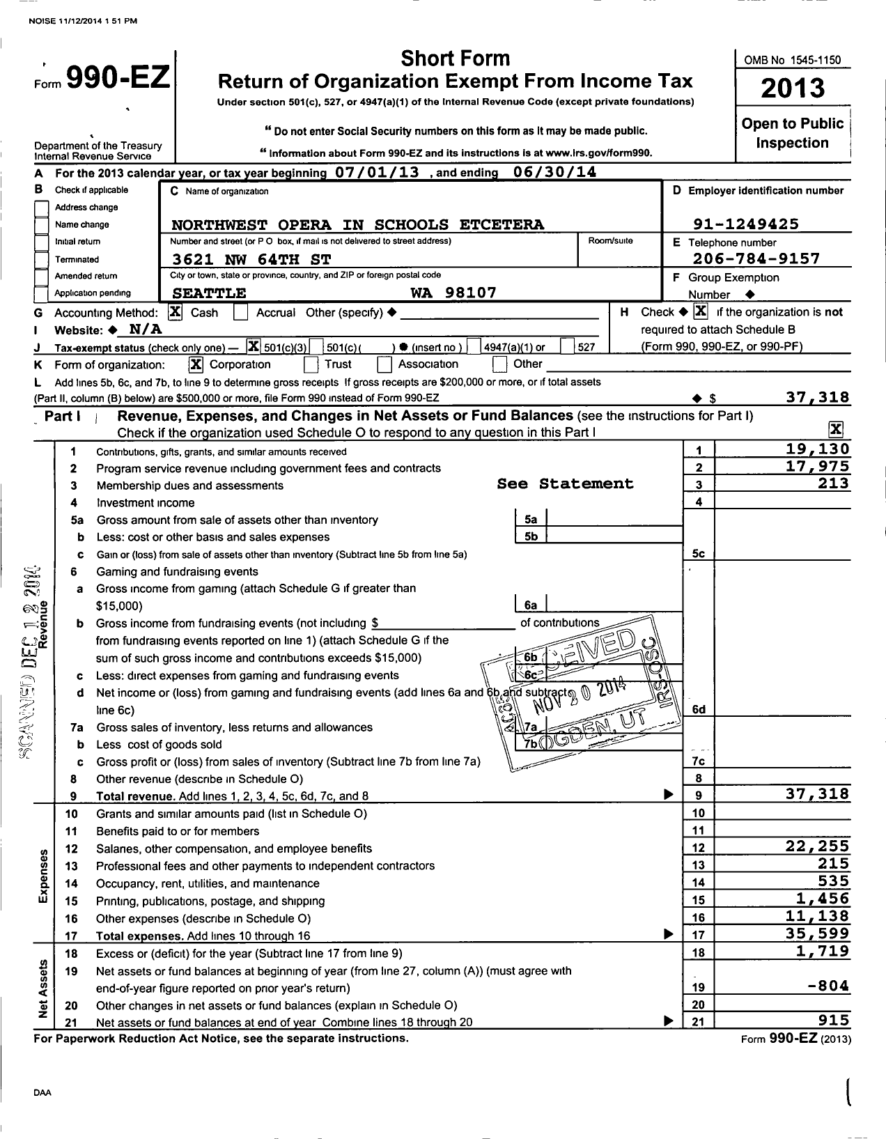 Image of first page of 2013 Form 990EZ for Northwest Opera in Schools Etcetera