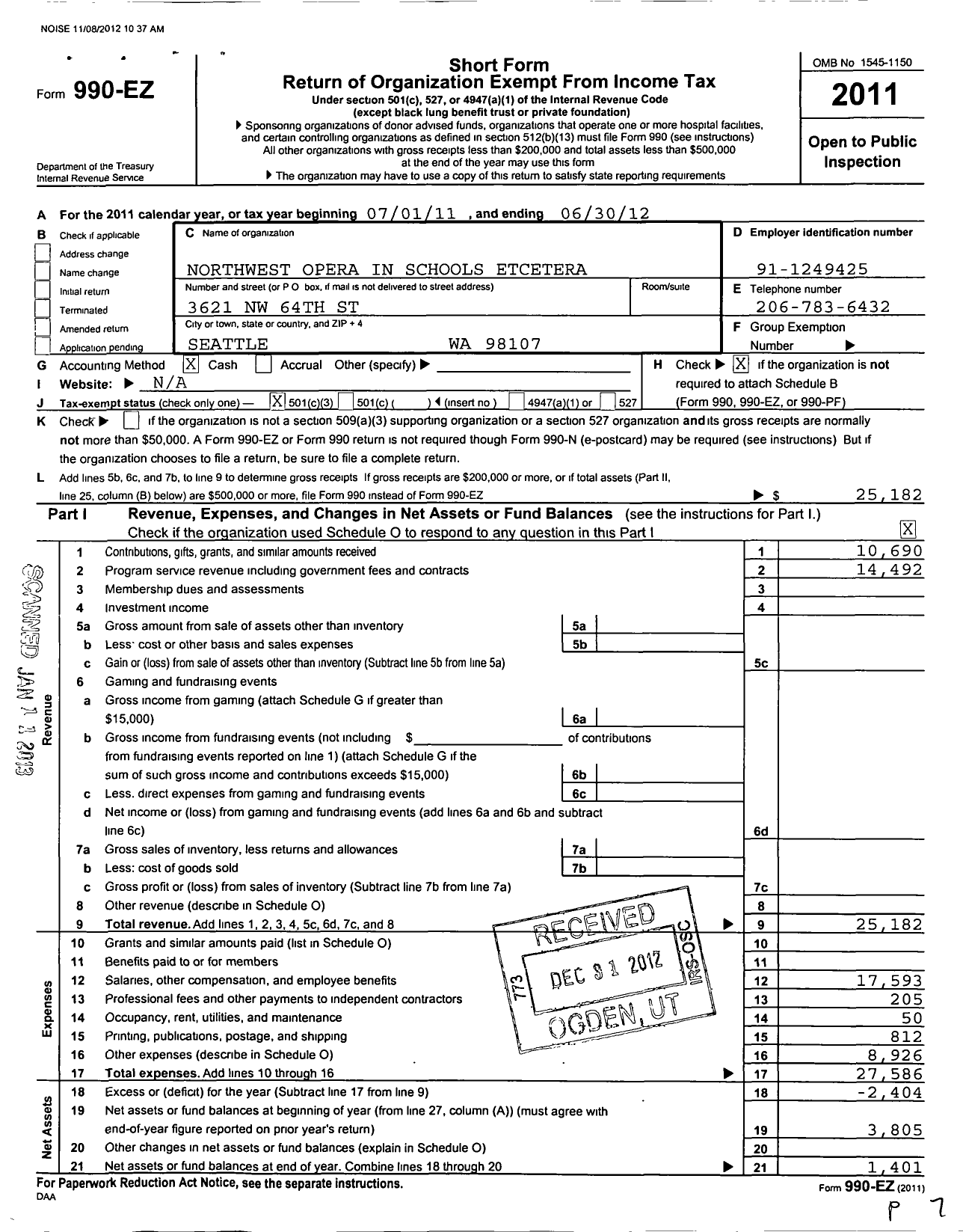 Image of first page of 2011 Form 990EZ for Northwest Opera in Schools Etcetera