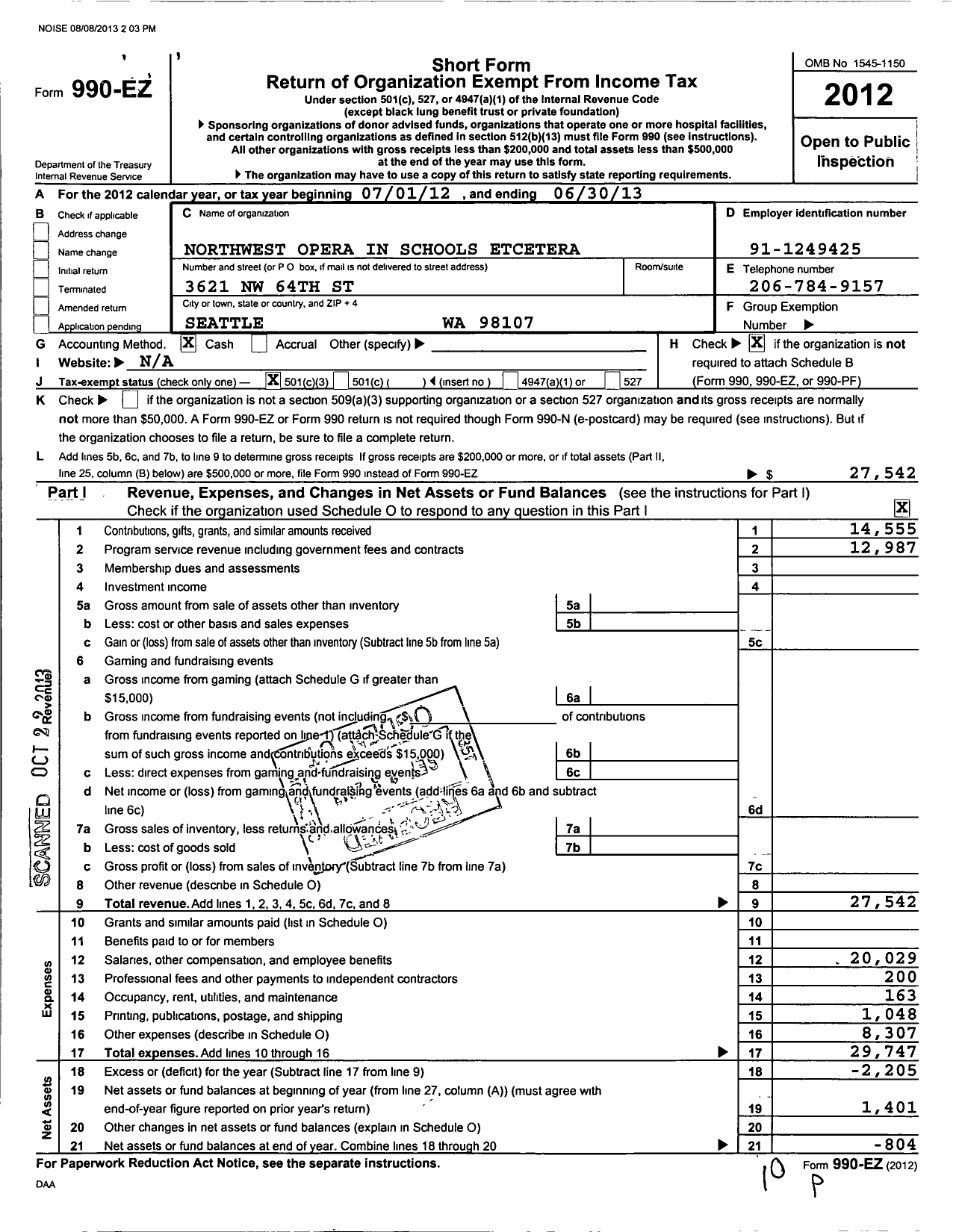 Image of first page of 2012 Form 990EZ for Northwest Opera in Schools Etcetera