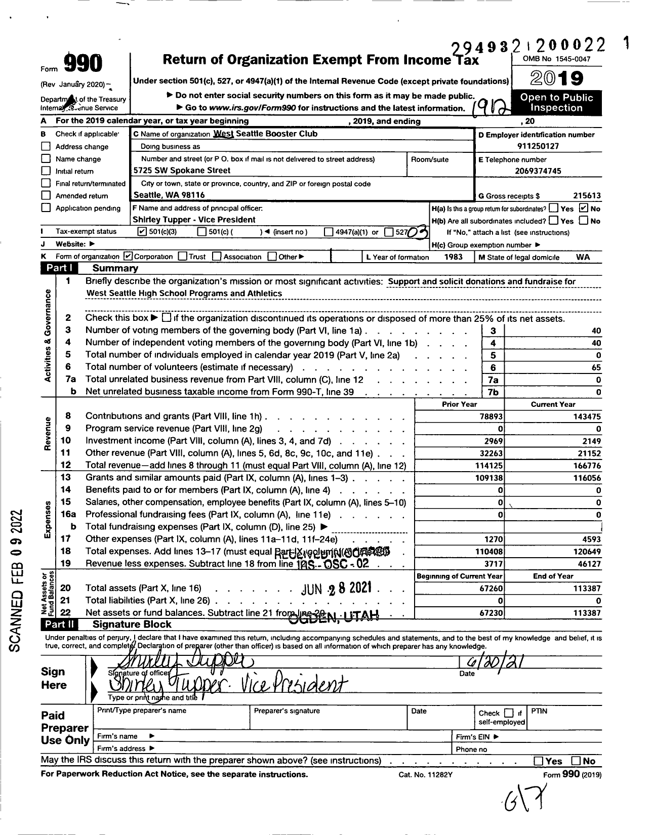 Image of first page of 2019 Form 990 for West Seattle Booster Club