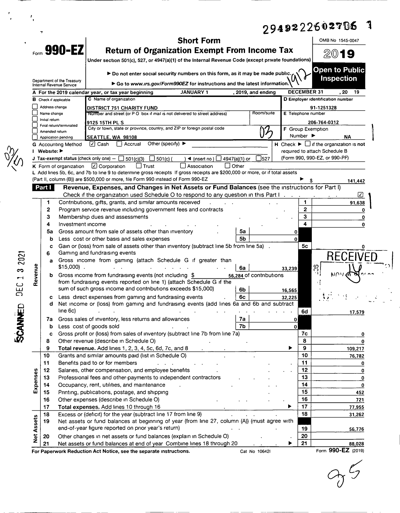 Image of first page of 2019 Form 990EZ for District 751 Charity Fund