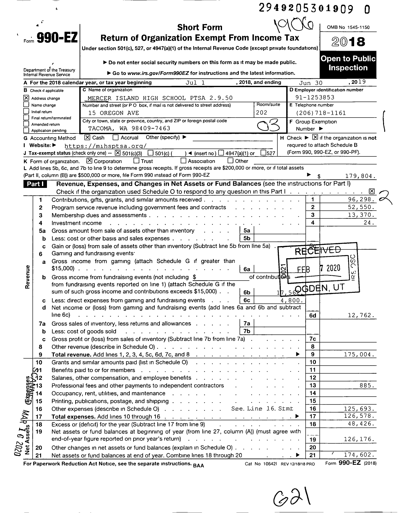 Image of first page of 2018 Form 990EZ for Mercer Island High School Ptsa 2950