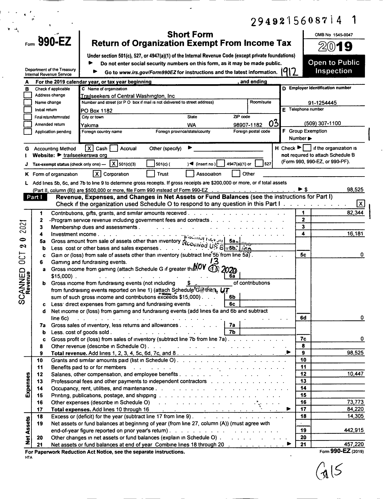 Image of first page of 2019 Form 990EZ for Trailseekers of Central Washington