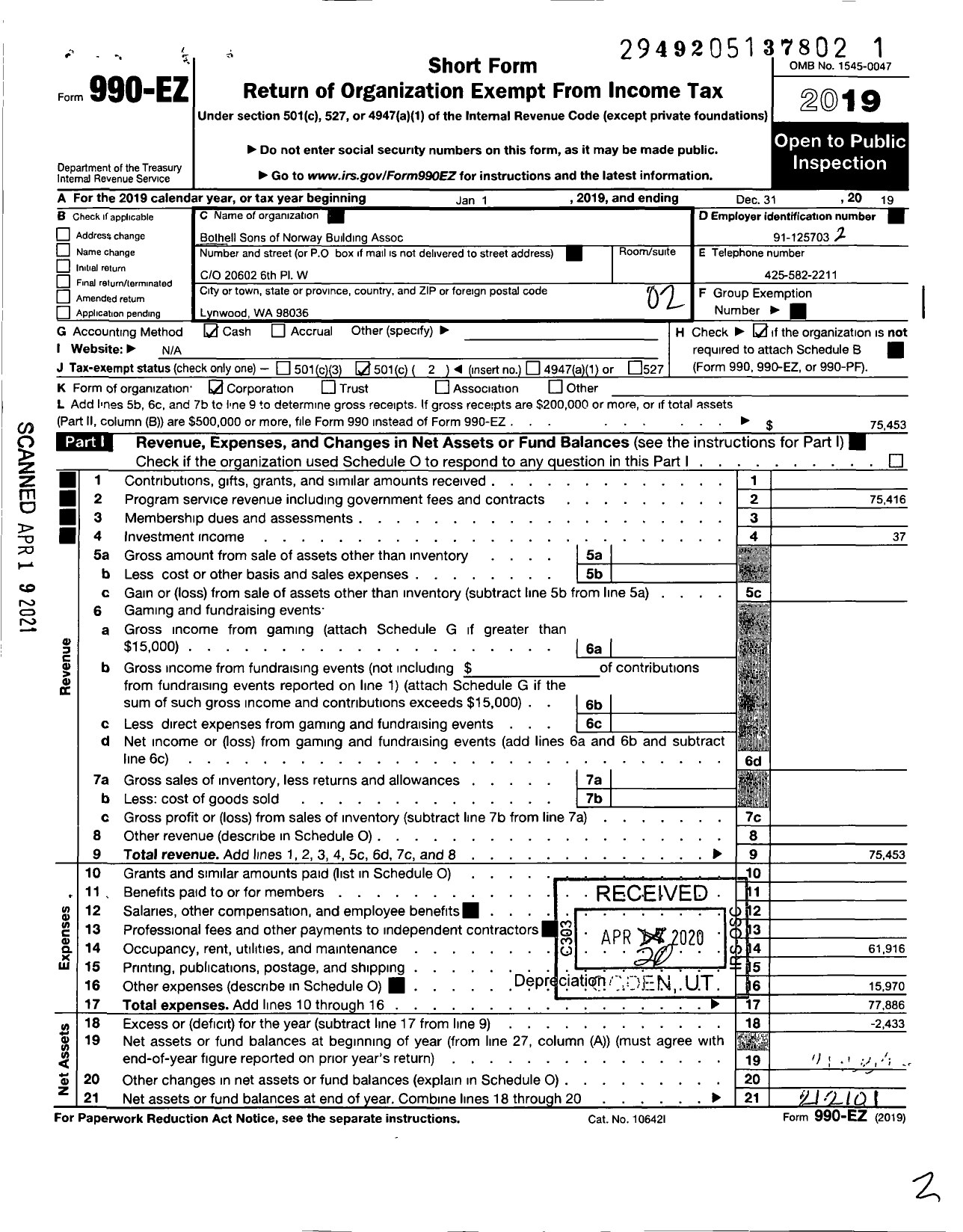 Image of first page of 2019 Form 990EO for Bothell Sons of Norway Building Association