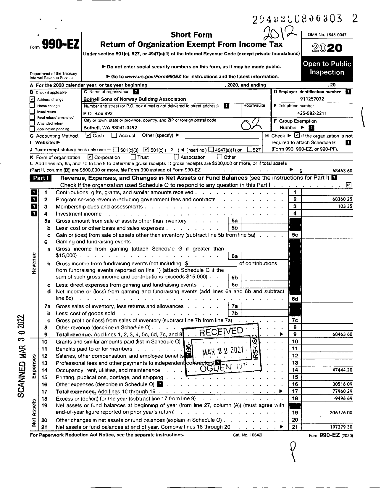 Image of first page of 2020 Form 990EO for Bothell Sons of Norway Building Association