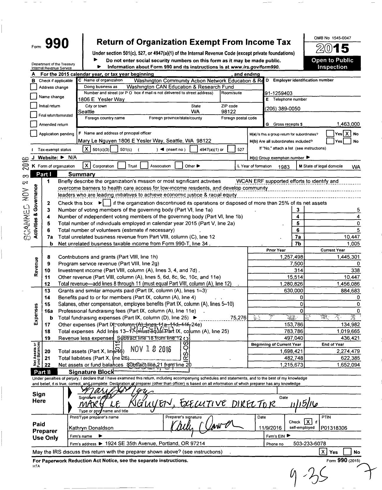 Image of first page of 2015 Form 990 for Washington CAN Education & Research Fund