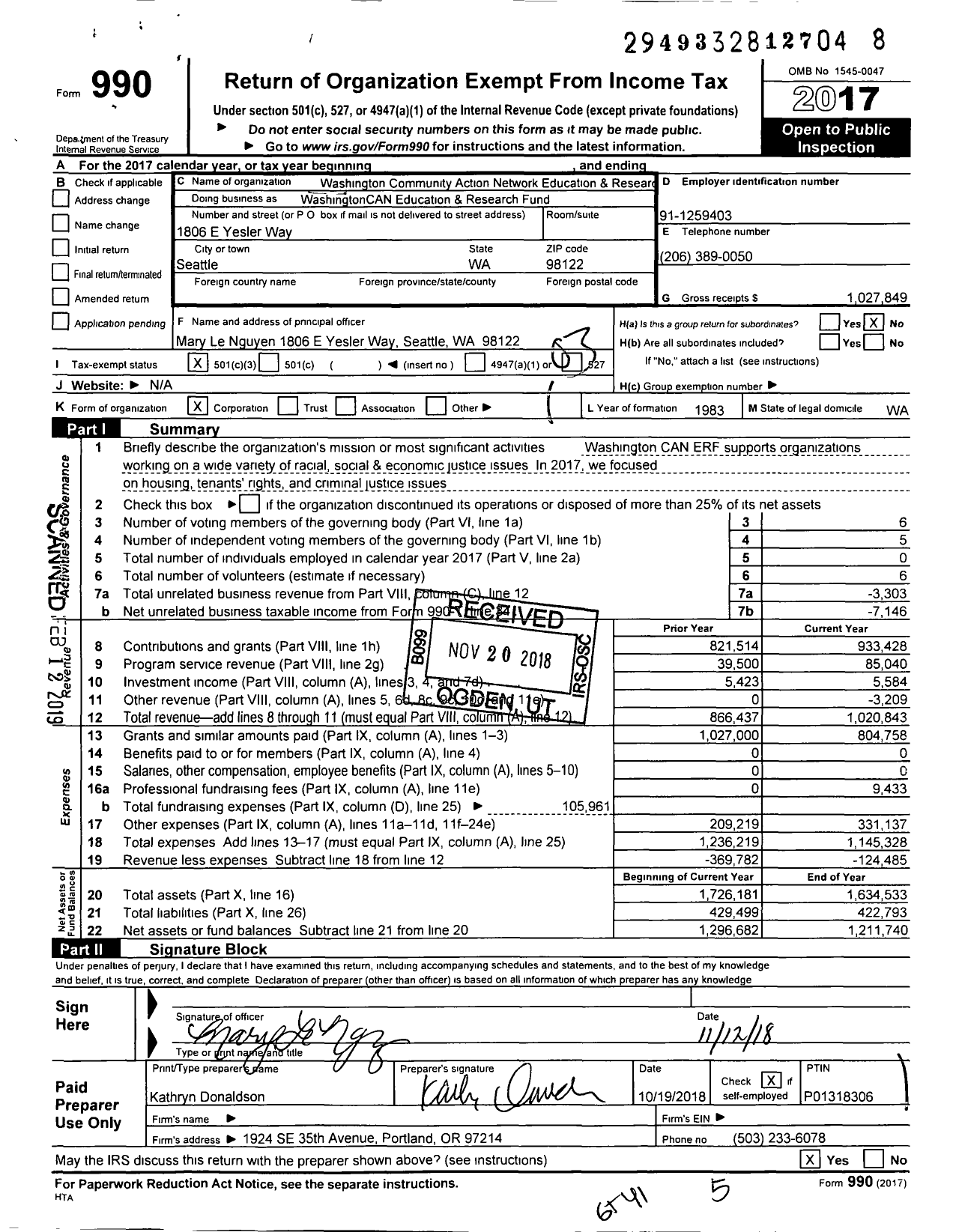 Image of first page of 2017 Form 990 for Washington CAN Education & Research Fund