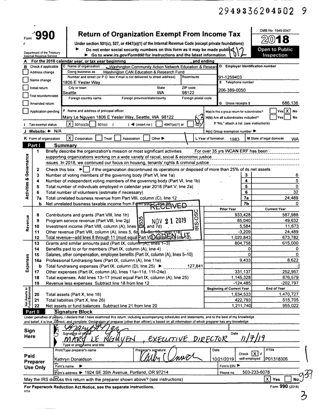 Image of first page of 2018 Form 990 for Washington CAN Education & Research Fund
