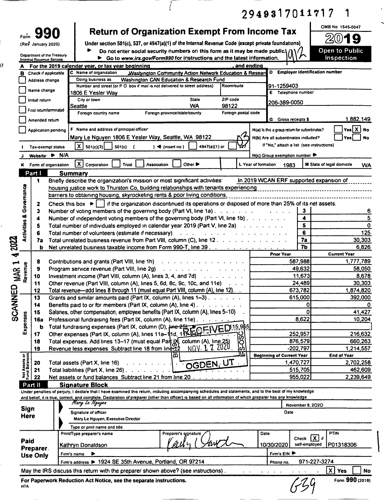 Image of first page of 2019 Form 990 for Washington CAN Education & Research Fund