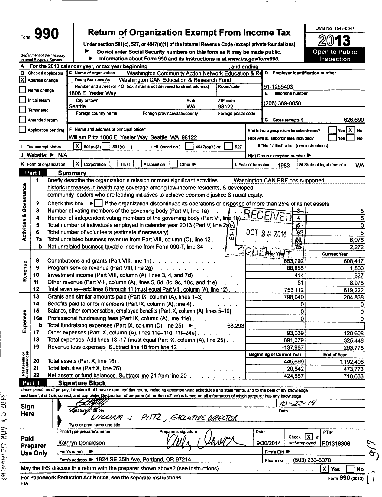 Image of first page of 2013 Form 990 for Washington CAN Education & Research Fund