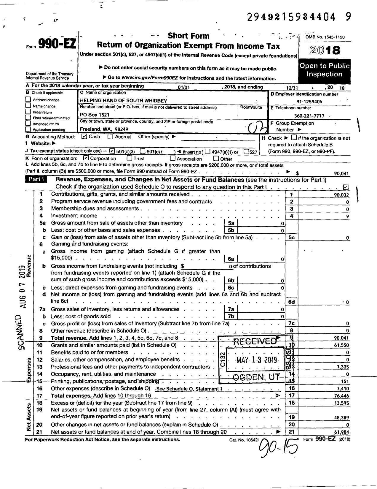 Image of first page of 2018 Form 990EZ for Helping Hand of South Whidbey