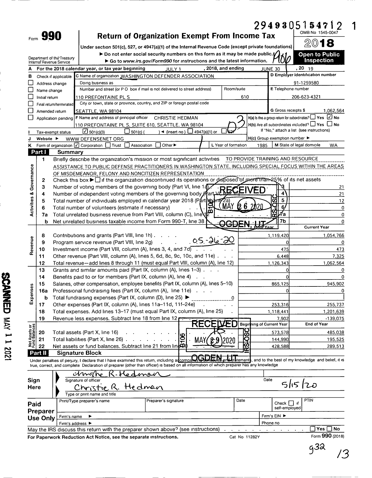 Image of first page of 2018 Form 990 for Washington Defender Association