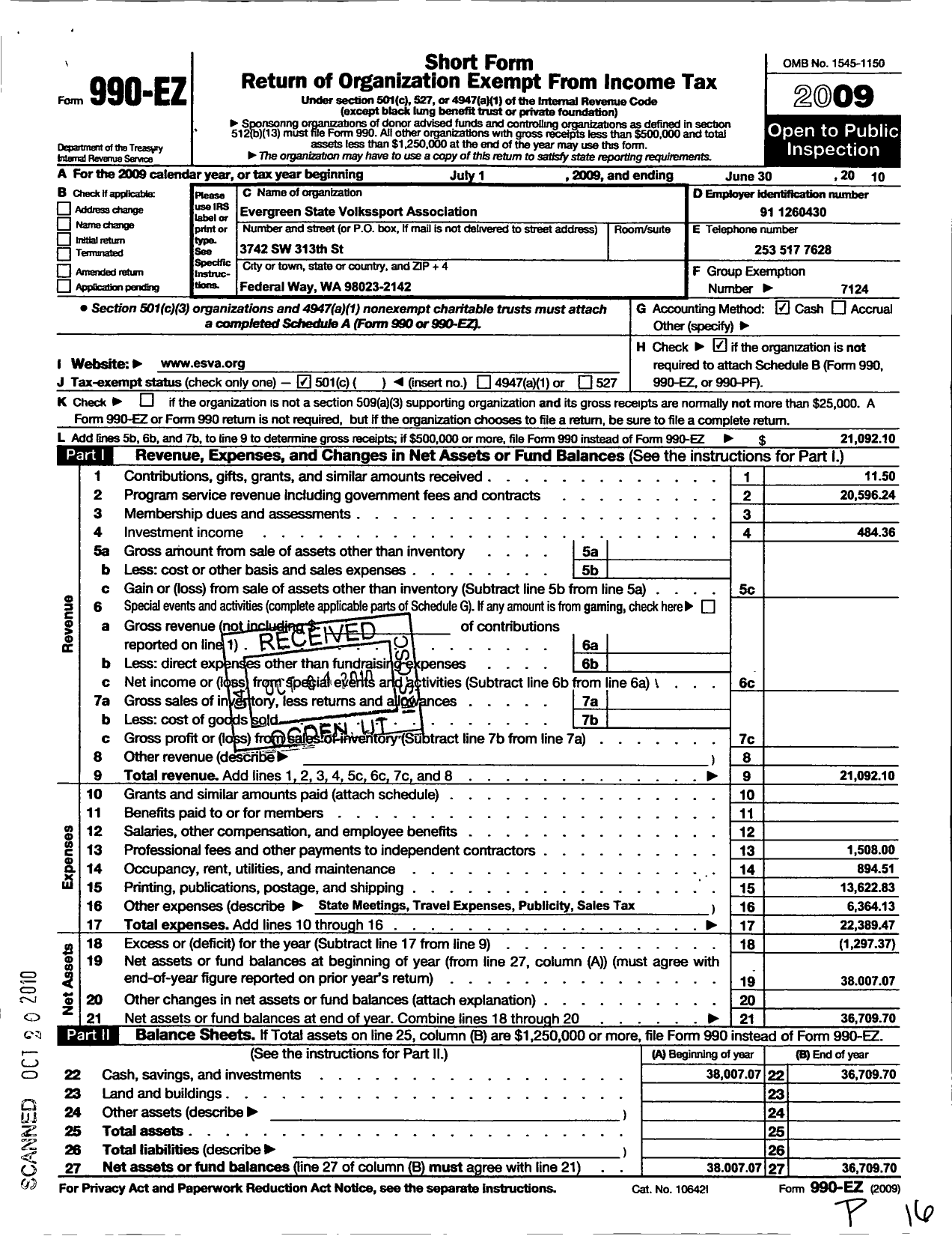 Image of first page of 2009 Form 990EO for American Volkssport Association / Evergreen State Volkssport Assn