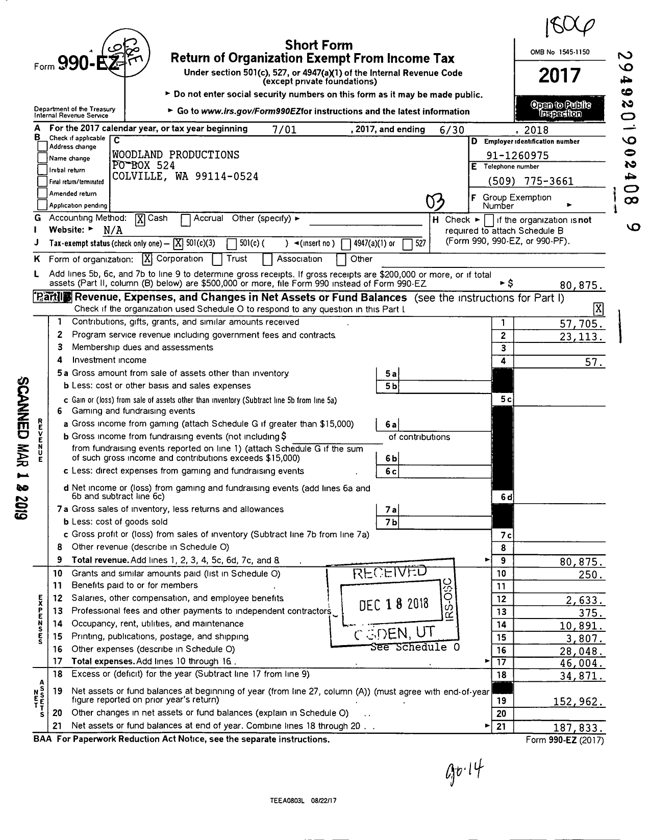 Image of first page of 2017 Form 990EZ for Woodland Productions