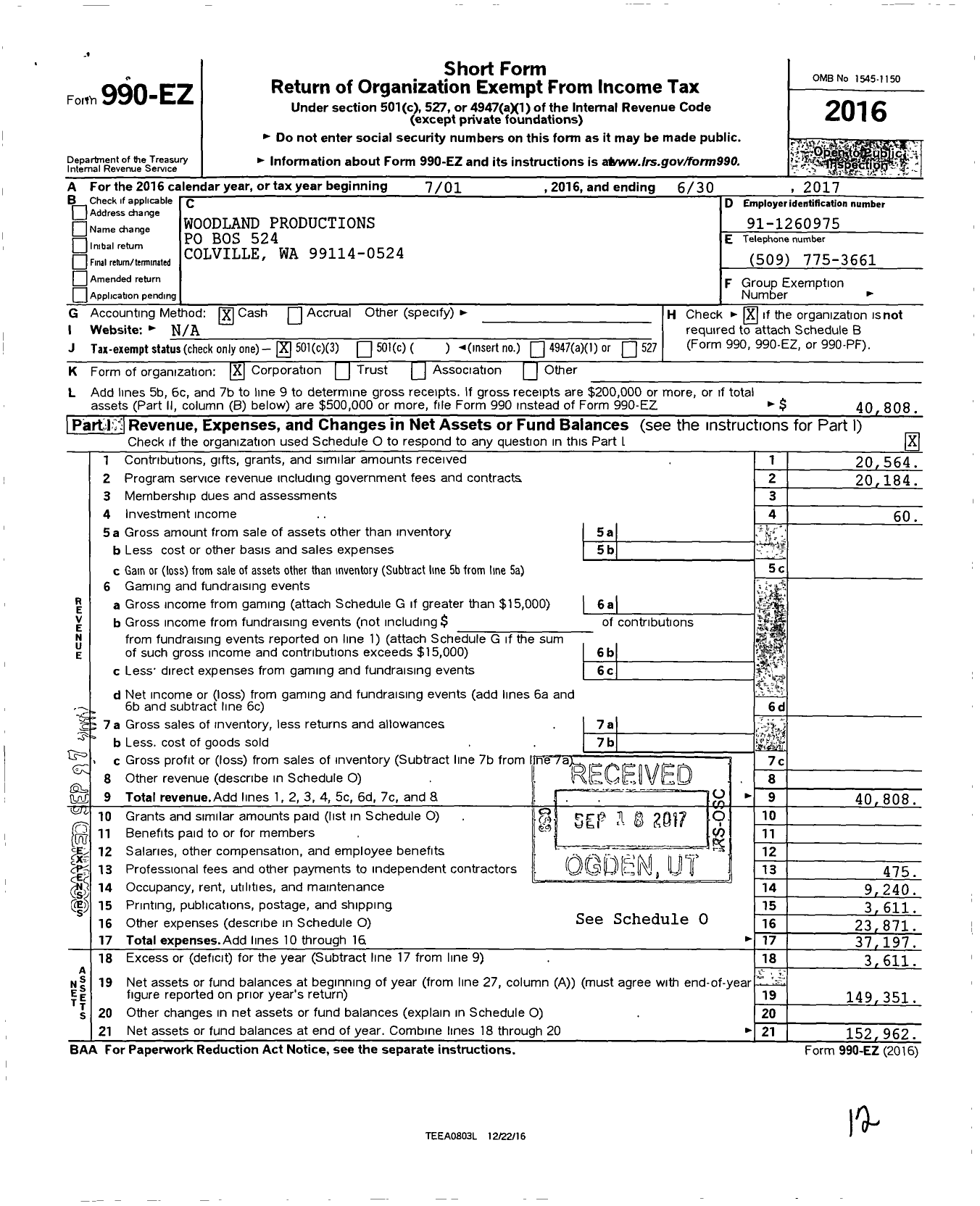 Image of first page of 2016 Form 990EZ for Woodland Productions