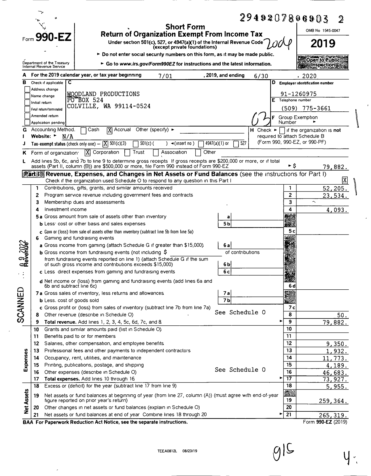 Image of first page of 2019 Form 990EZ for Woodland Productions