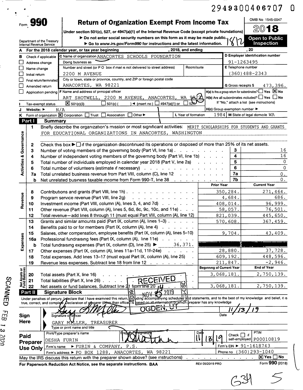 Image of first page of 2018 Form 990 for Anacortes Schools Foundation