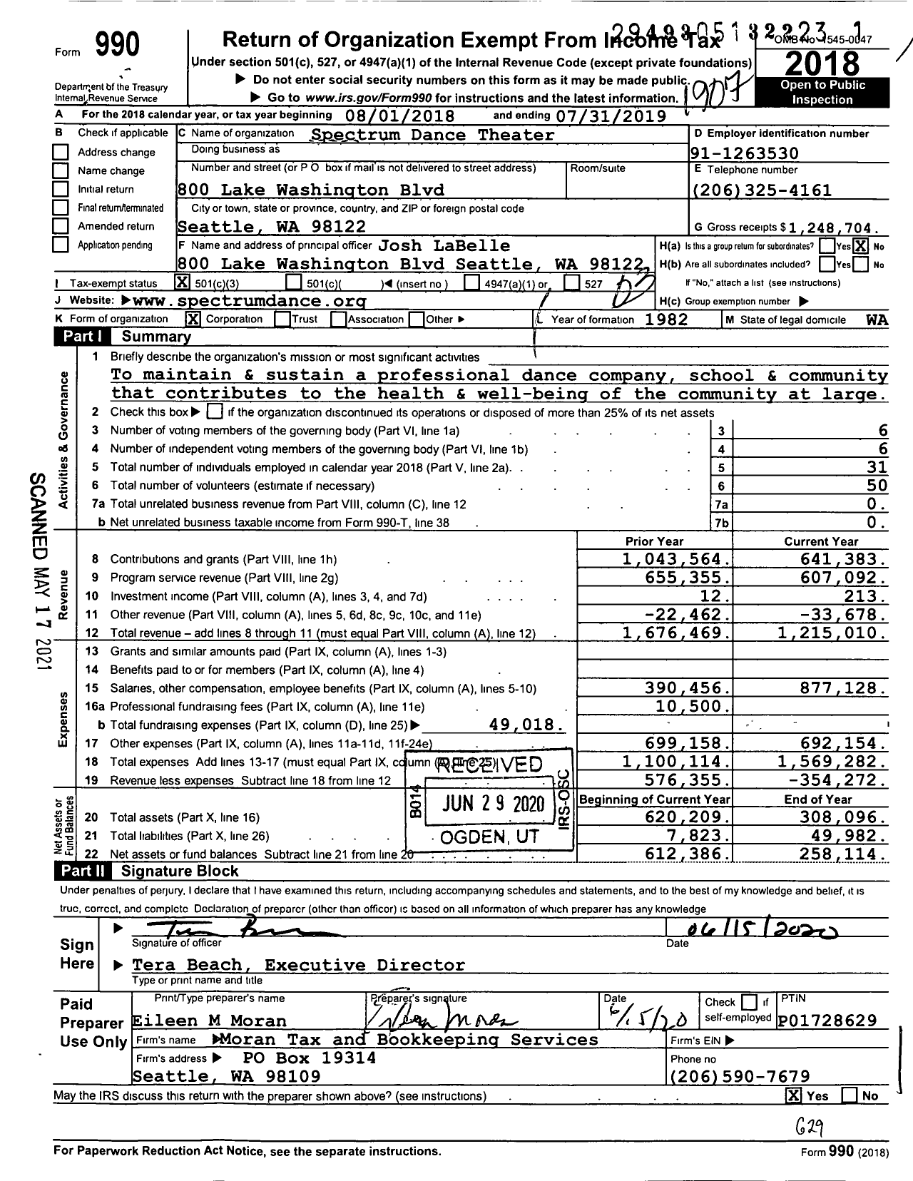 Image of first page of 2018 Form 990 for Spectrum Dance Theater