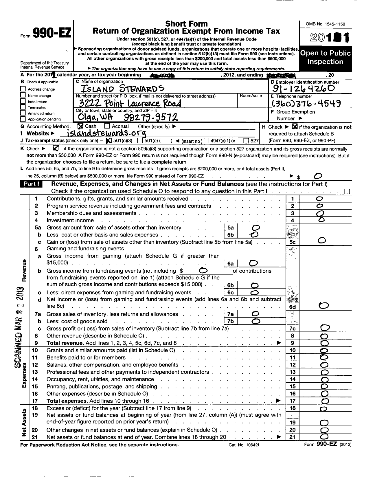 Image of first page of 2011 Form 990EZ for Island Stewards