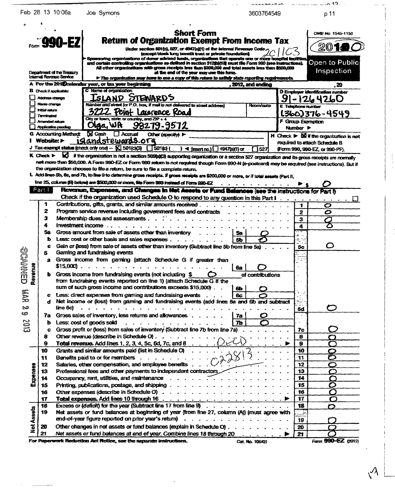 Image of first page of 2010 Form 990EZ for Island Stewards