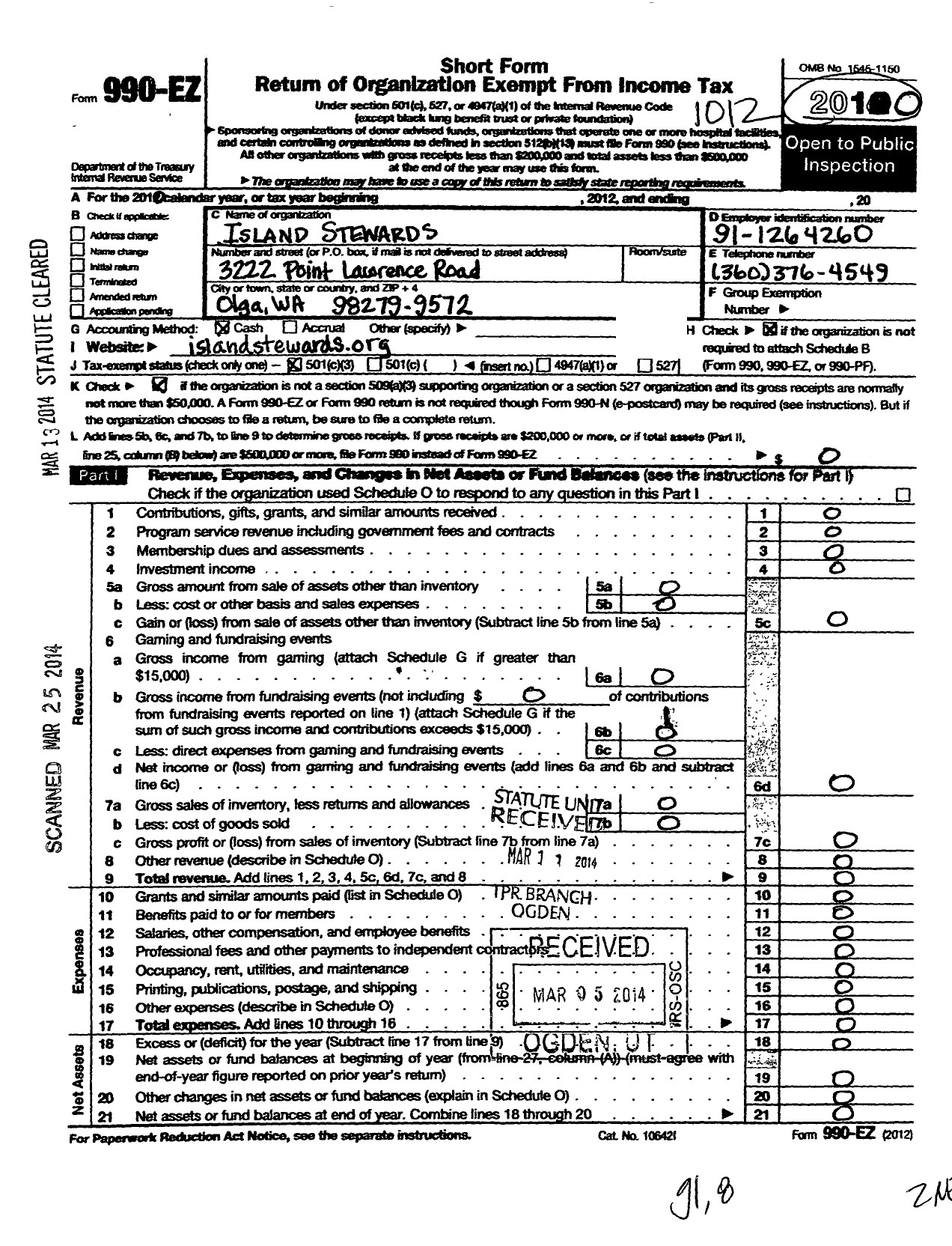 Image of first page of 2010 Form 990EZ for Island Stewards